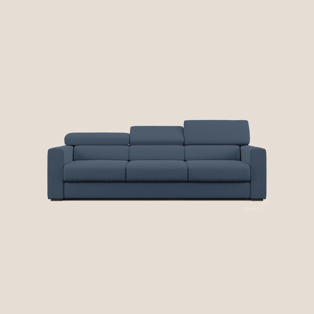 Dylan divano a 3 sedute con pouf estraibile poggiapiedi in tessuto fiammato simil cotone impermeabile T19 blu