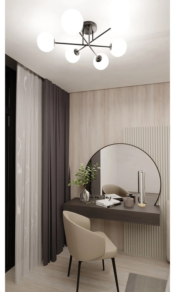 Plafoniera Moderna Morrigan 6 Luci In Acciao Nero E Sfere In Vetro Bianco