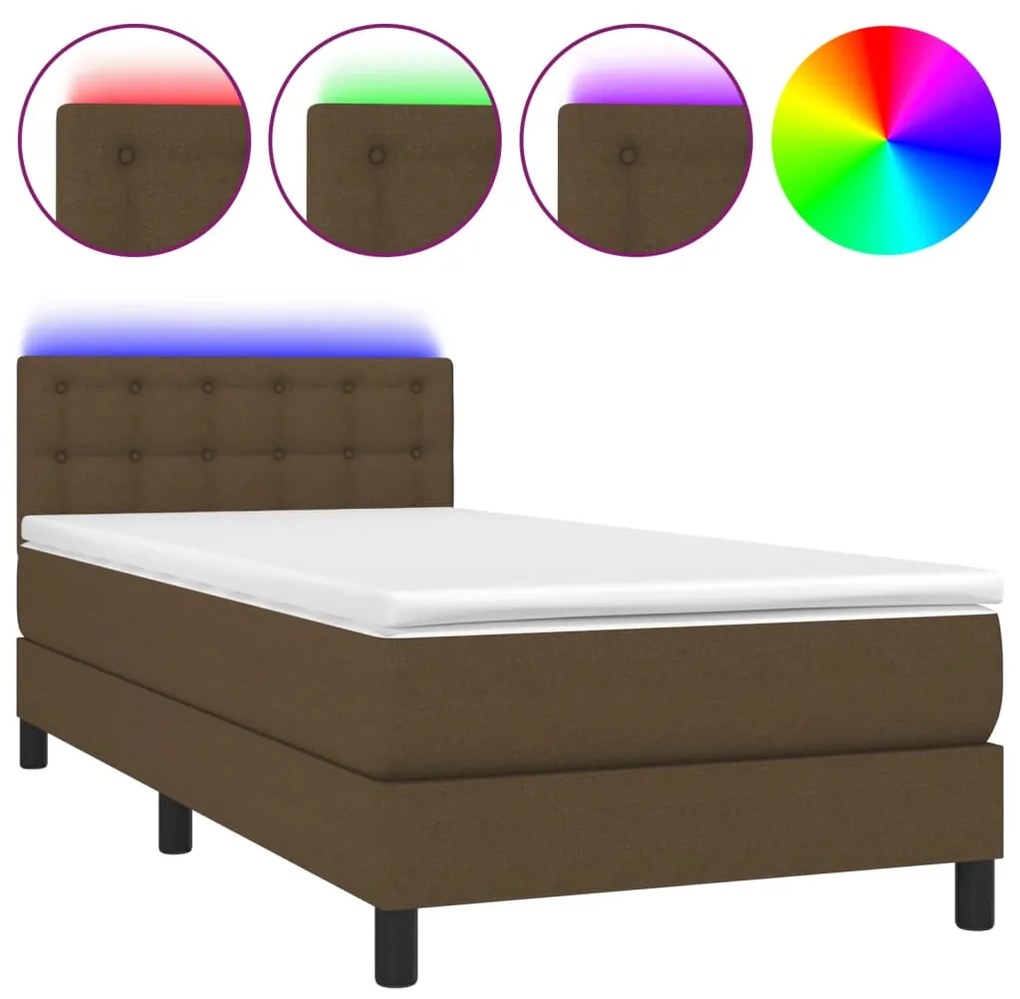 Letto a molle materasso e led marrone scuro 90x190cm in tessuto