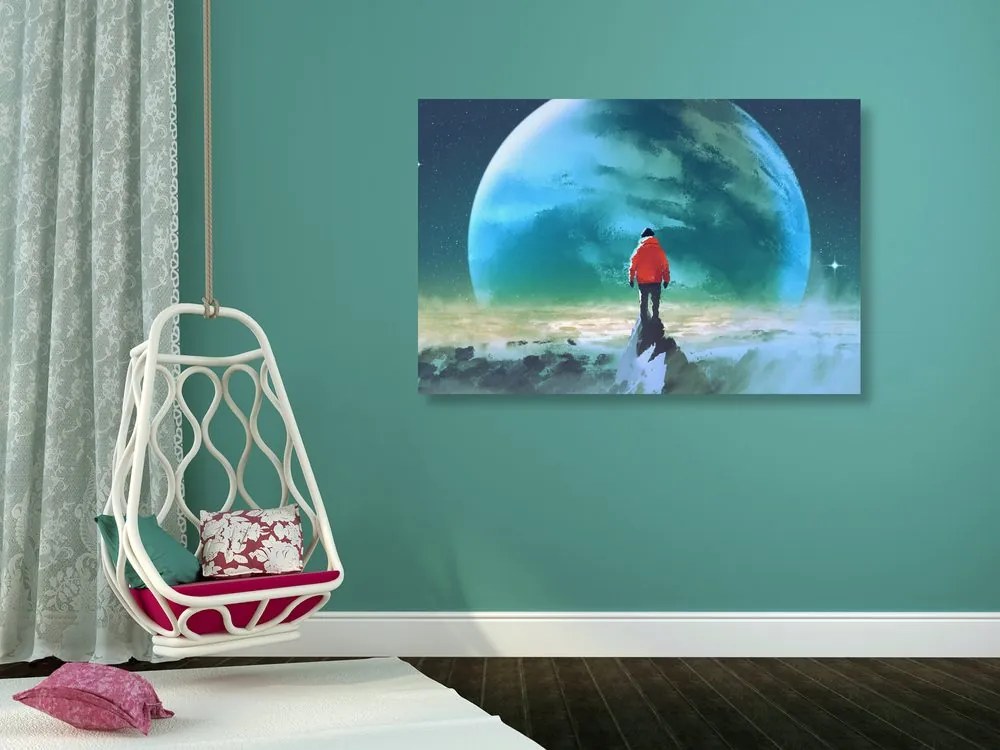 Quadro su tela – Uomo sulla cima della montagna