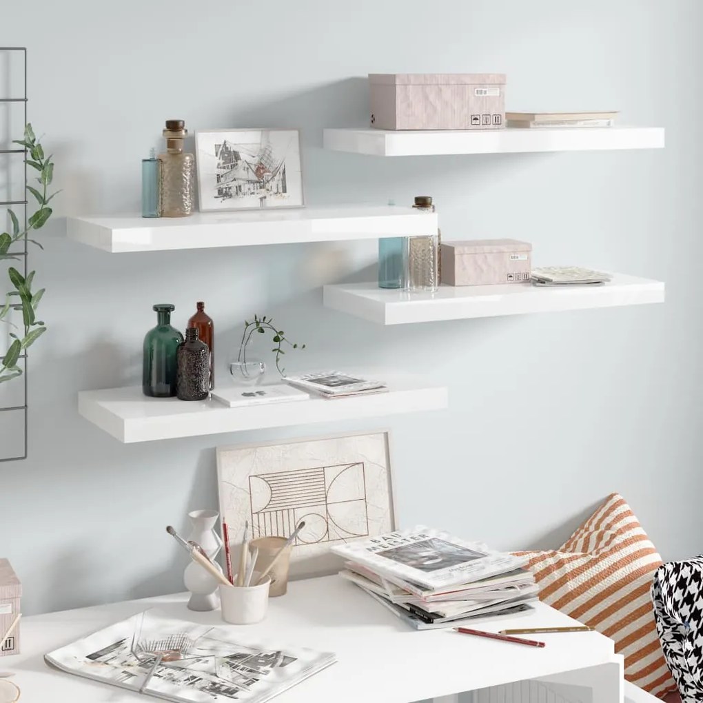 Scaffali A Parete 4 Pz Bianco Lucido 60x23,5x3,8 Cm İn Mdf /
