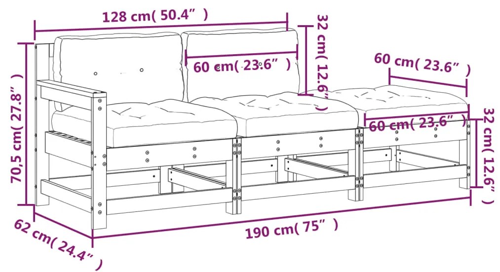 Set Divani da Giardino 3 pz con Cuscini in Legno Massello Nero