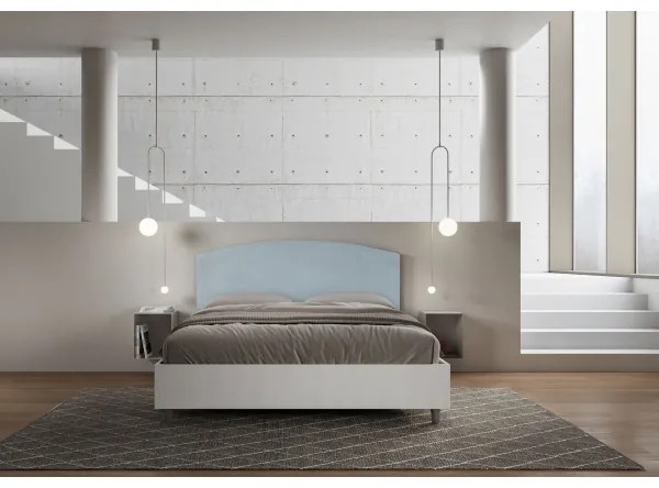 Letto contenitore da 160x190 in legno bianco e testata in microfibra azzurro Antilia