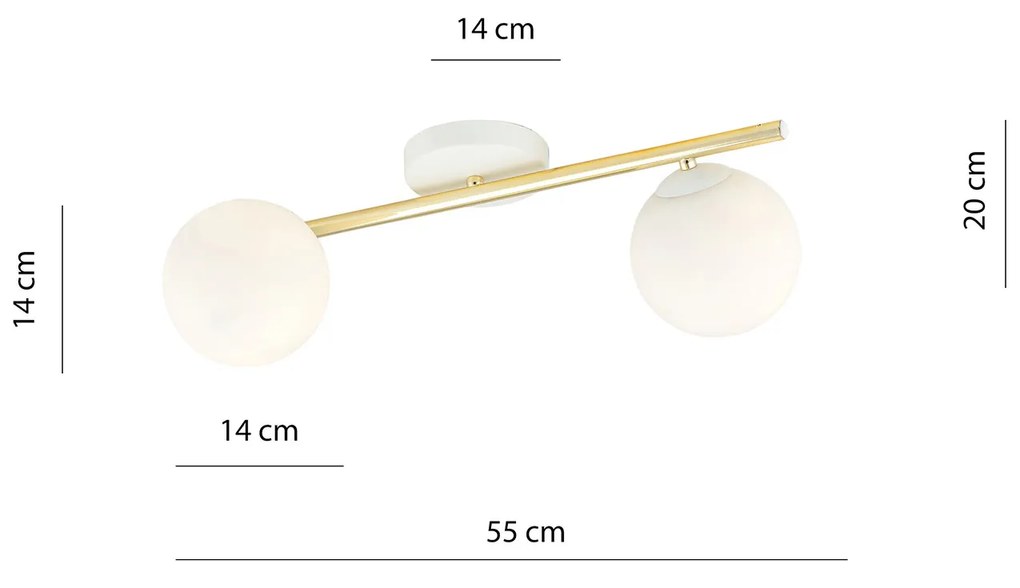 Plafoniera Contemporanea 2 Luci Eracle In Acciaio Oro E Sfere Vetro Bianco