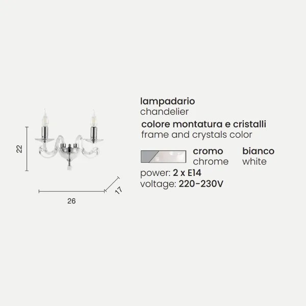 Applique CHERUBINI in vetro e cristallo ottico 2 Luci Bianco 26x22 cm