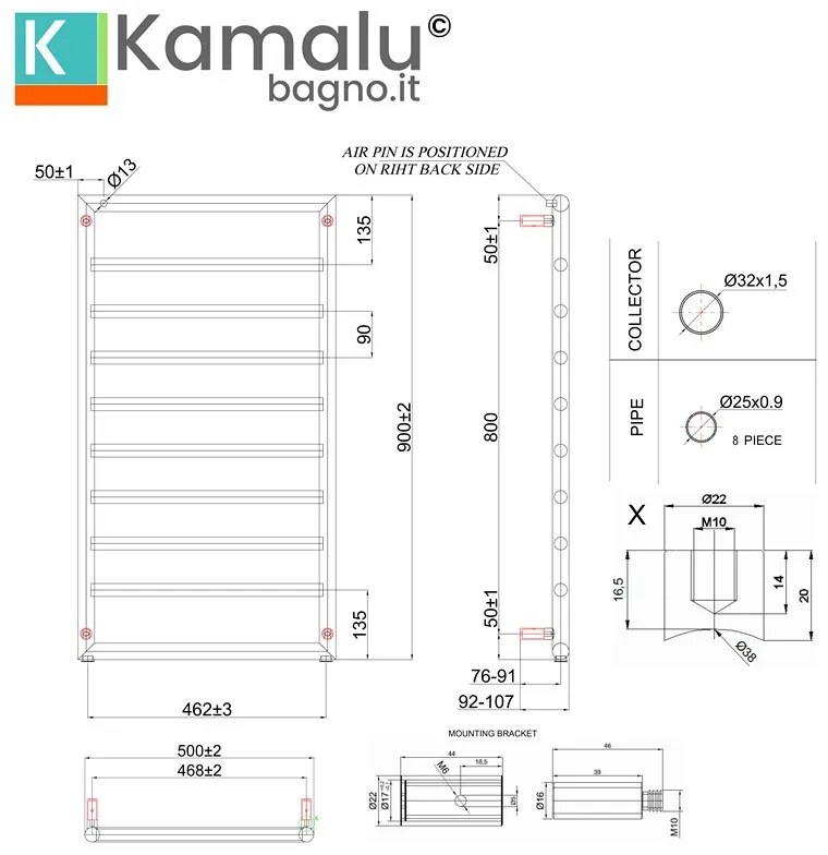 Kamalu - scaldasalviette nero 900x500mm interasse 462 mm kam-d7009n