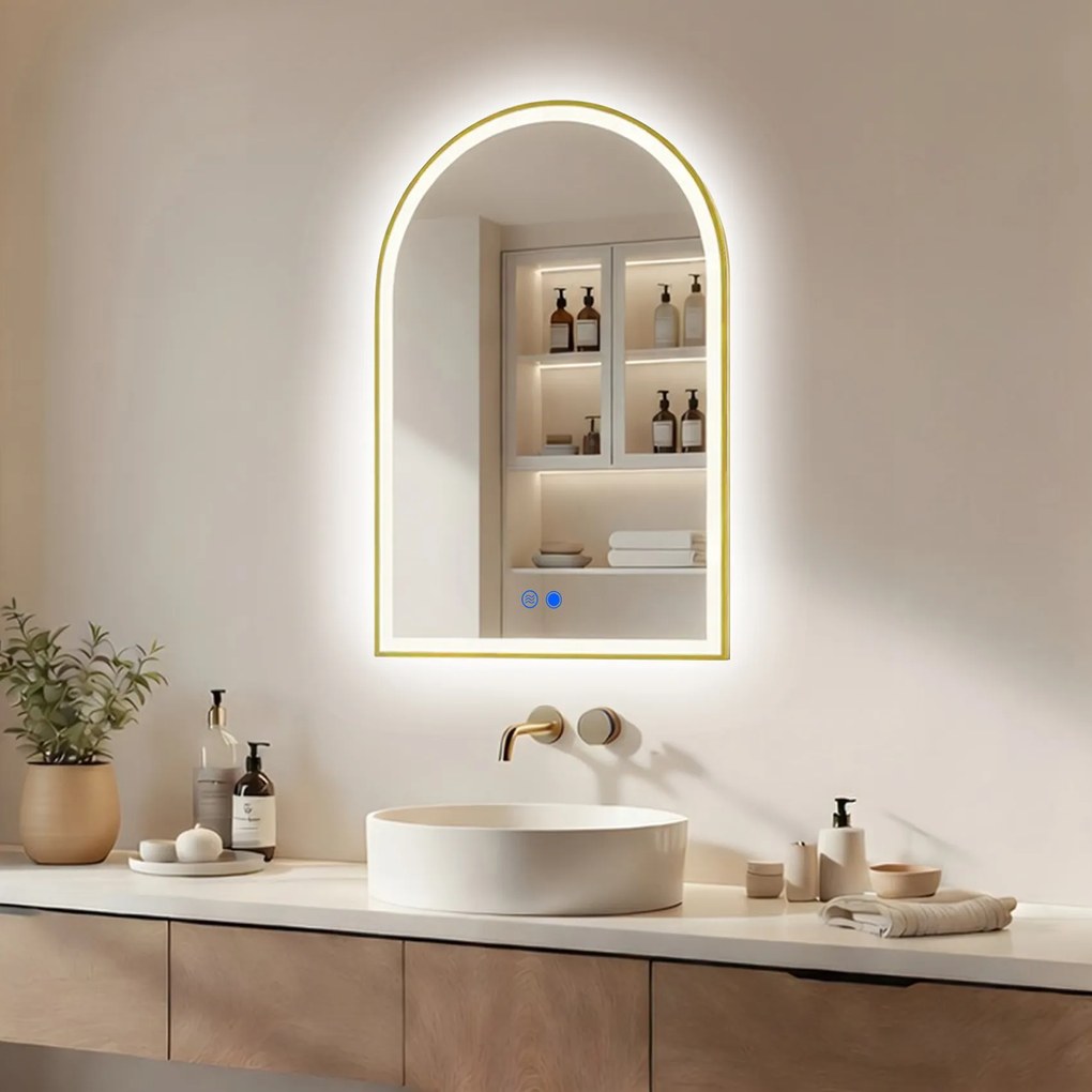 Specchio LED dalla forma irregolare con cornice in alluminio dorato