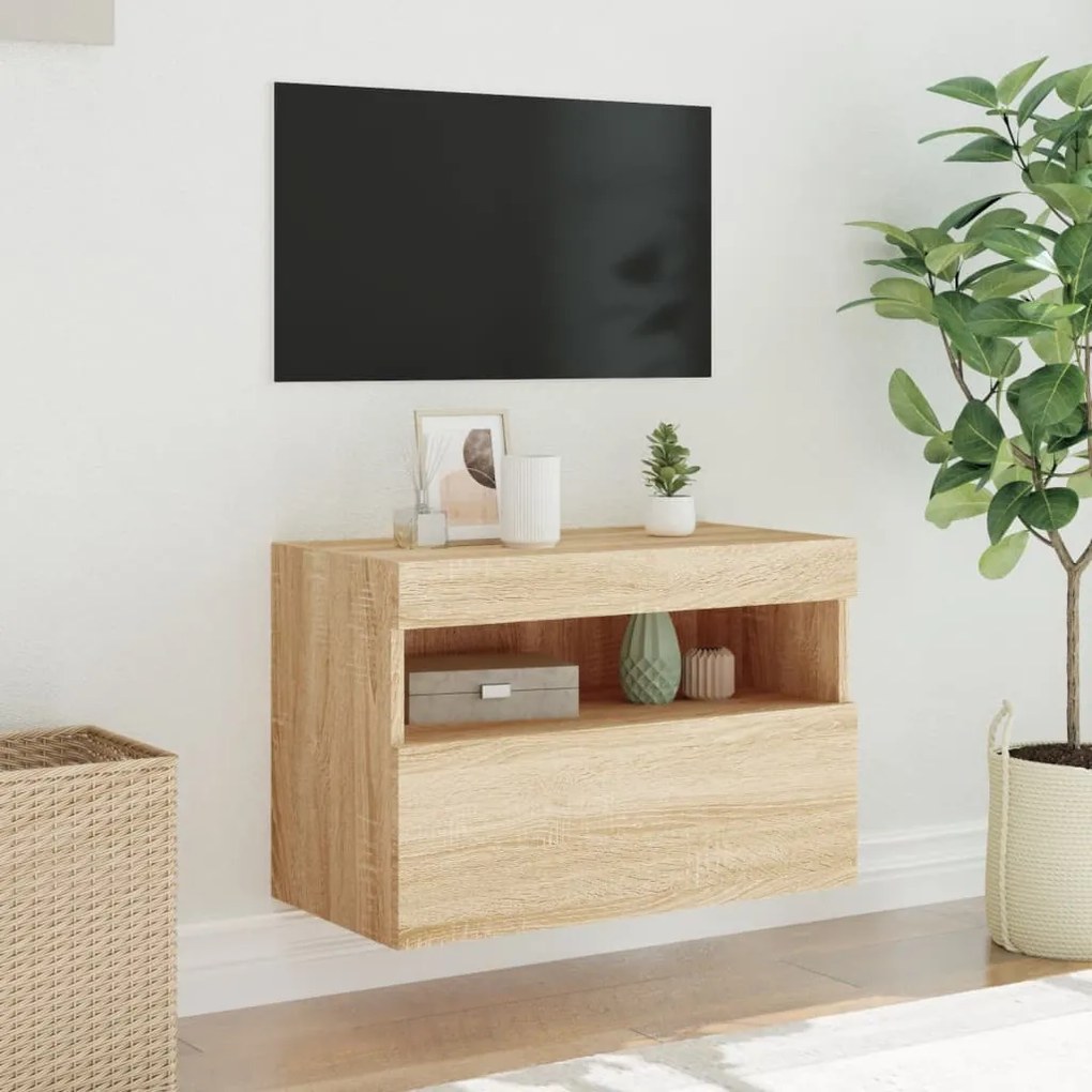 Mobile tv a parete con luci led rovere sonoma 60x30x40 cm