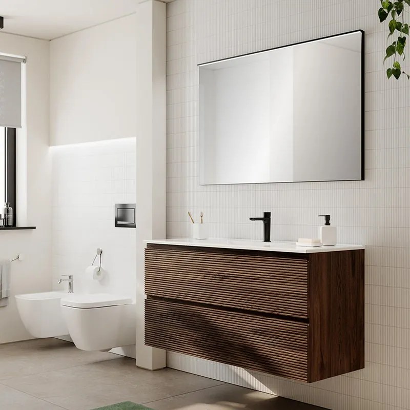 Mobile bagno con lavabo STEP L120 x H60 x P46 cm walnut in mdf cannettato 2 cassetti per vasca centrale
