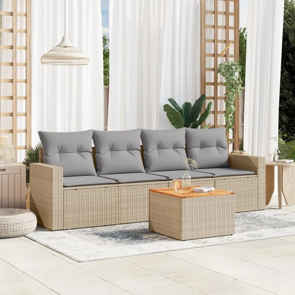 Set divano da giardino 5 pz con cuscini beige in polyrattan