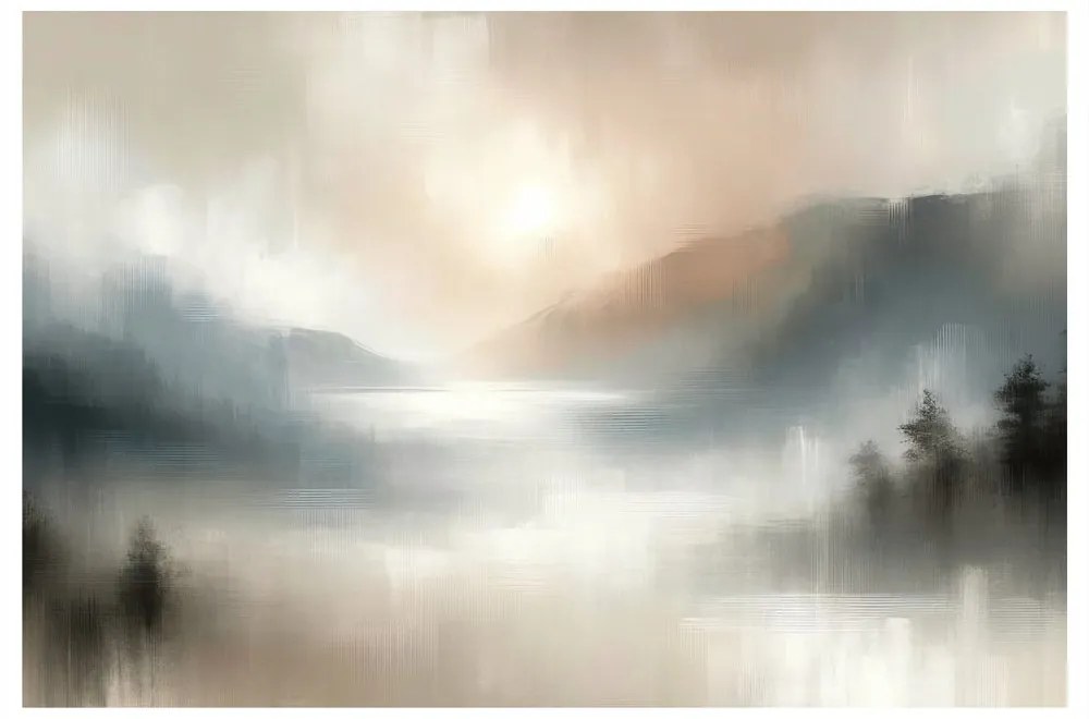 Quadro su tela – Montagne nebbiose e lago