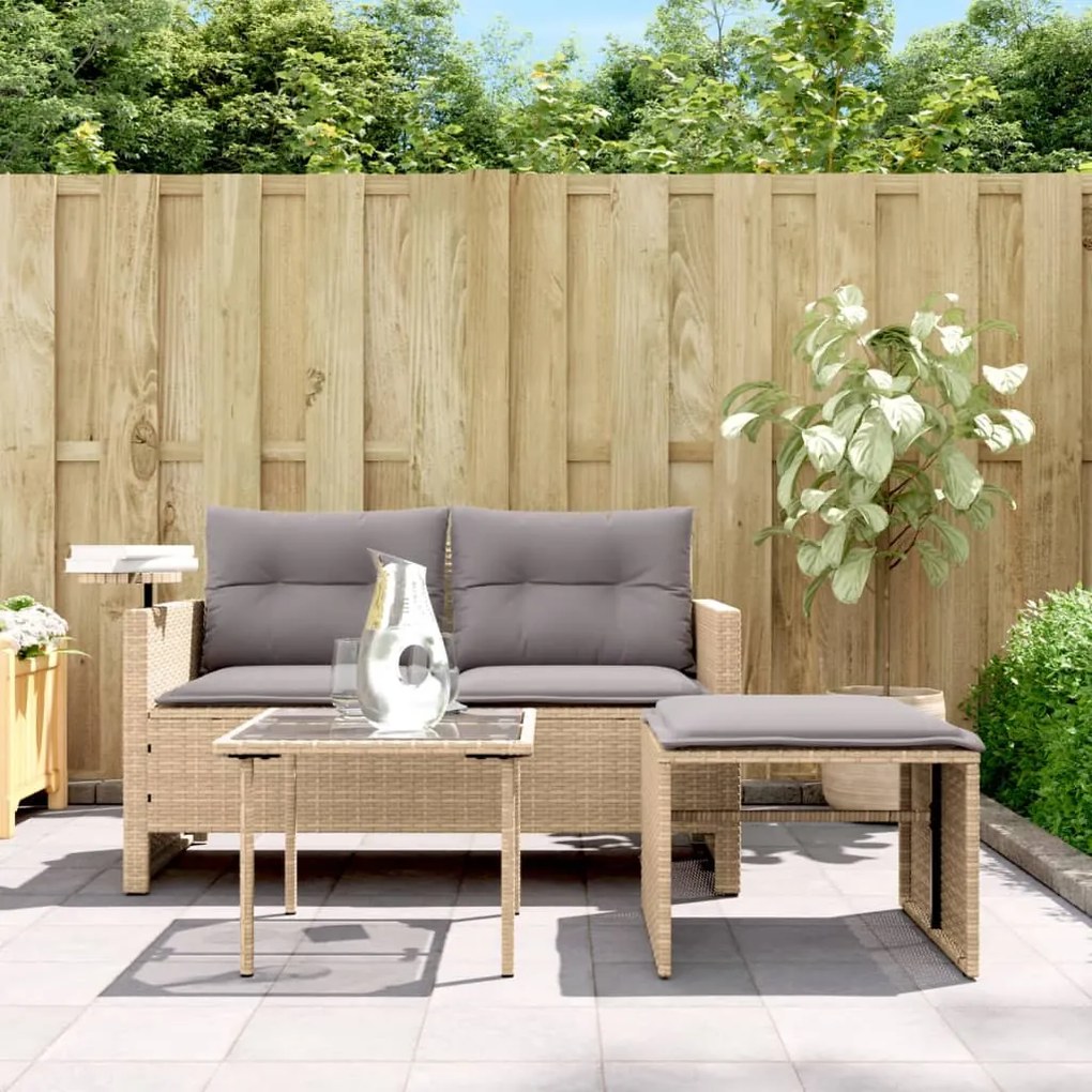 Set divano da giardino 3 pz con cuscini beige in polyrattan