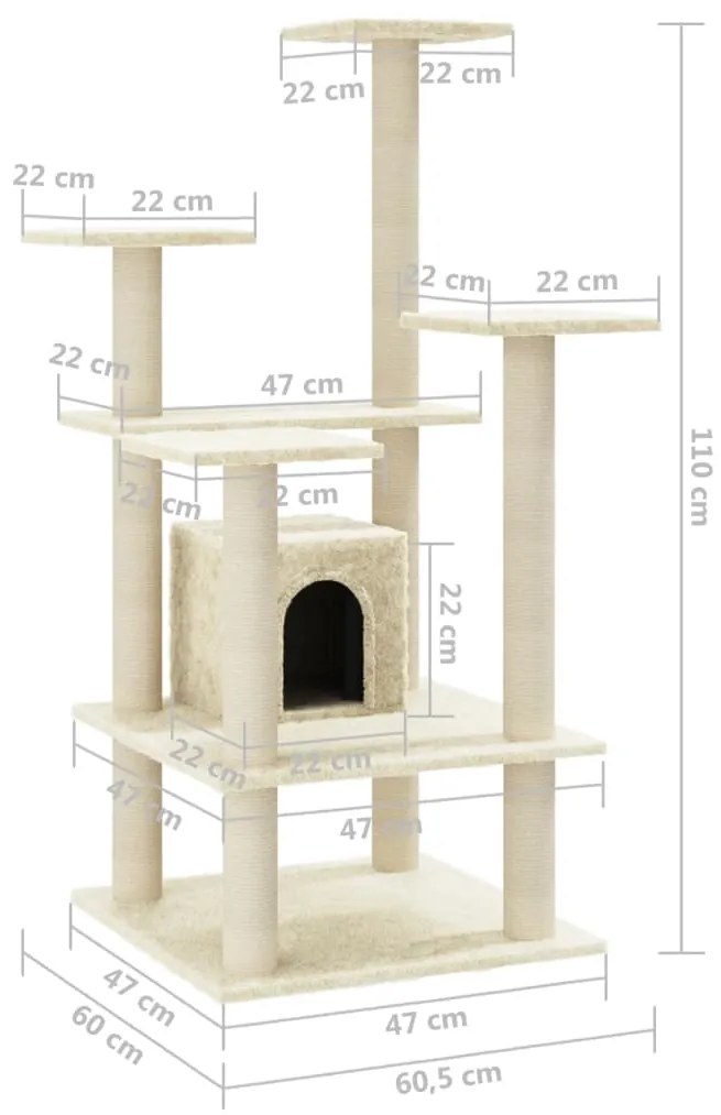 Albero per Gatti con Pali Tiragraffi in Sisal Crema 110 cm