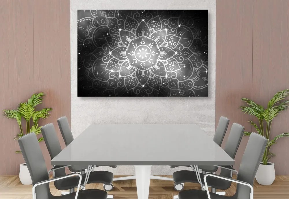 Stampa su tela – Mandala con sfondo galattico in bianco e nero