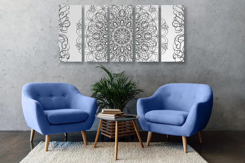 Quadri 5 pezzi – Mandala floreale astratta in bianco e nero