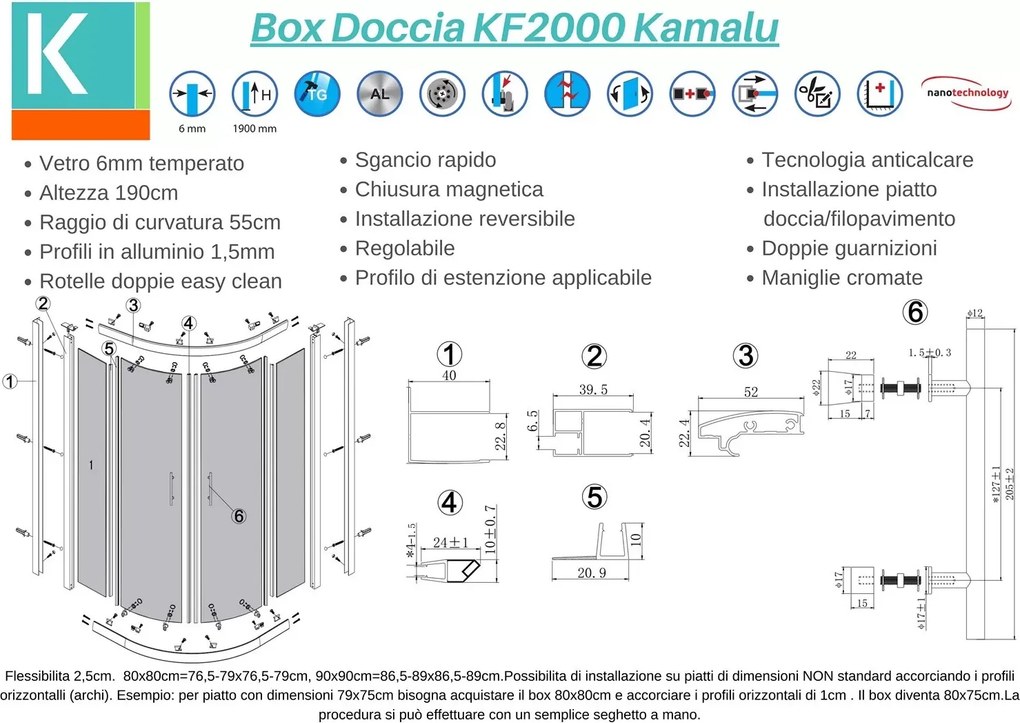 Box doccia semicircolare 90x90 vetro satinato anticalcare KF2000 - KAMALU