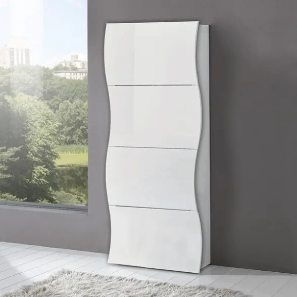 Scarpiera Onda 4 Ante Design Moderno Bianco Lucido 24 Paia Made In Italy