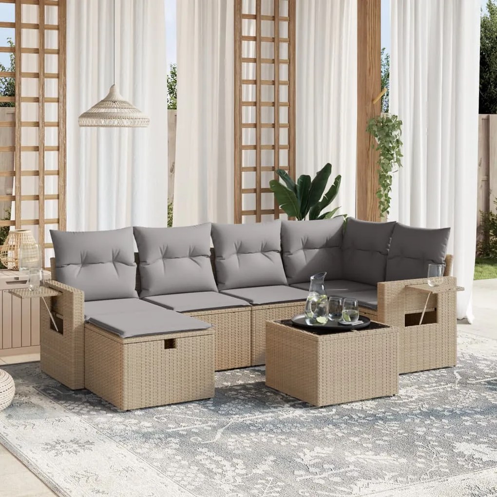 Set divano da giardino 7 pz con cuscini beige misto polyrattan