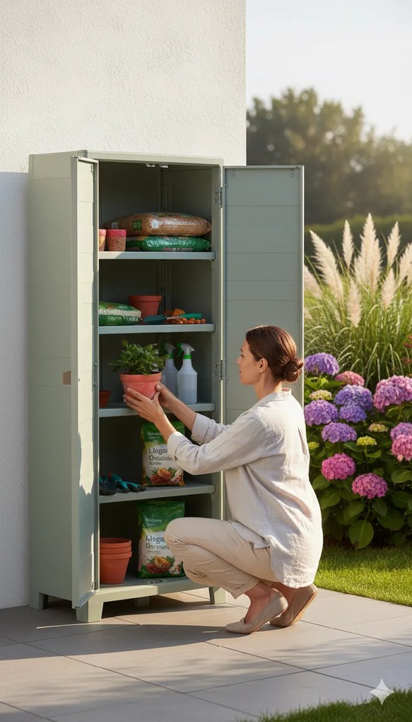 Armadio da Giardino 4 Ripiani 80x44x182 cm Keter Planet Outdoor Alto Grigio e Verde...
