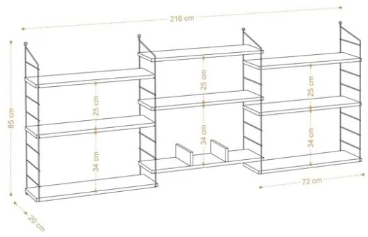 Libreria Sospesa Scaffali A Muro Stile Industriale Nero E Legno 216x85x20 Laba