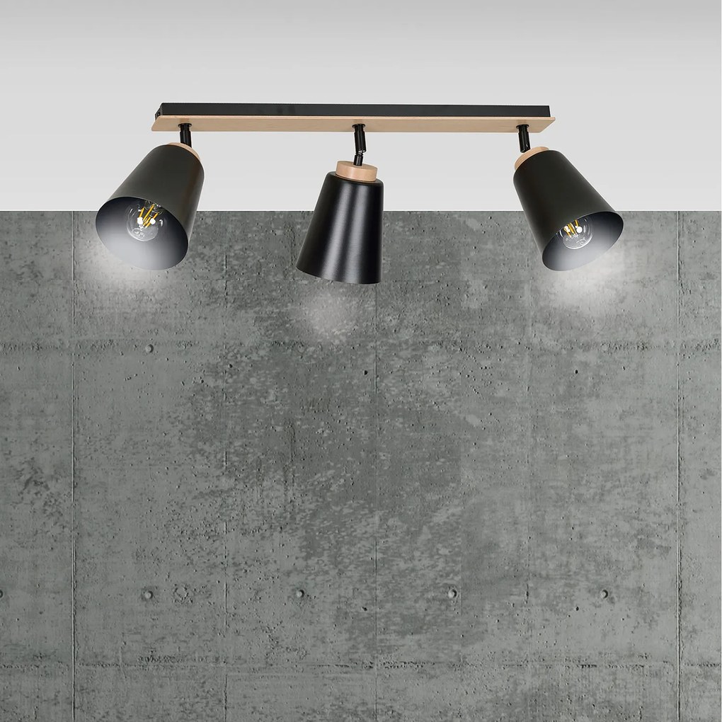 Plafoniera Faretti Spot Orientabili 3 Luci Xiwangmu Acciaio Nero E Legno Naturale
