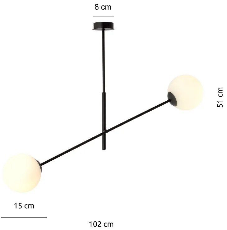 Lampadario da Soffitto in Acciaio e Vetro LINEAR 2 Nero 2xE14 Colore delle Sfere Bianco