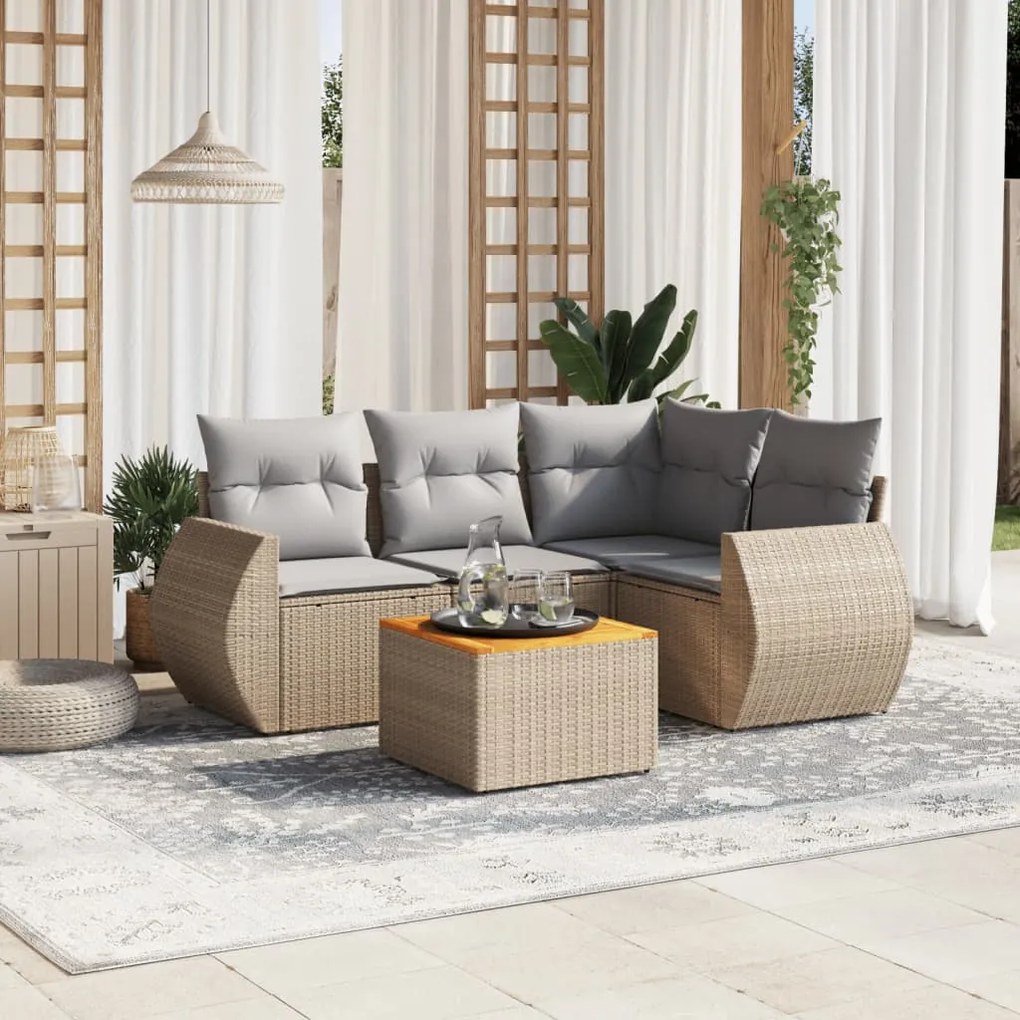 Set divano da giardino 5 pz con cuscini beige in polyrattan