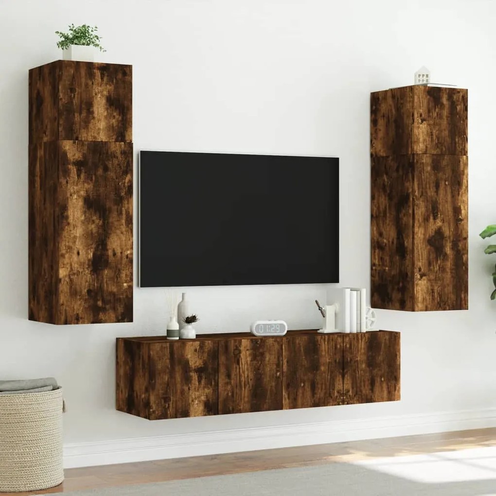 Mobile tv a parete con luci led rovere fumo 80x35x31 cm