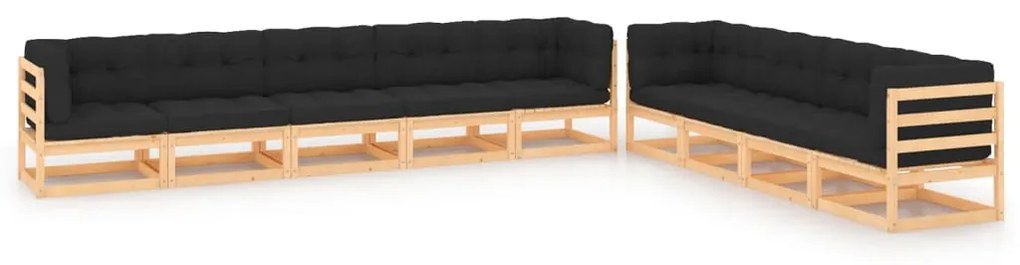 Set salotto giardino 9 pz cuscini antracite legno massello pino