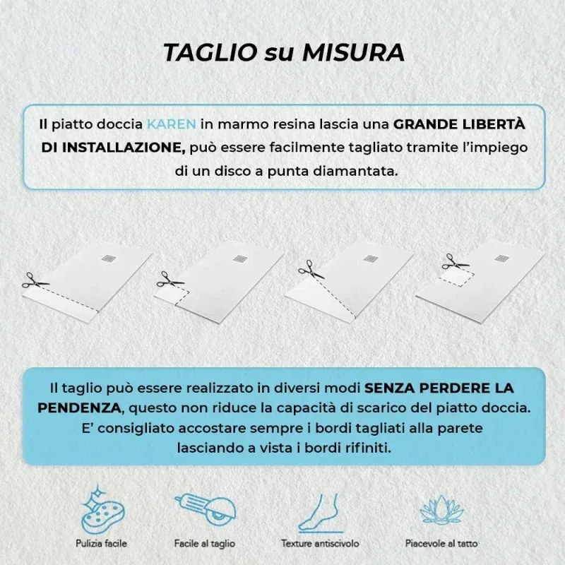 Piatto doccia filo pavimento Karen 70x160 in resina bianco pietra