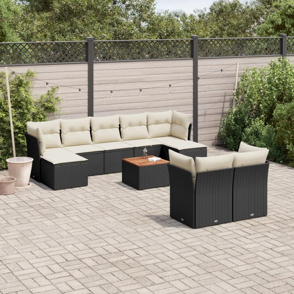 Set divani da giardino 10pz con cuscini in polyrattan nero