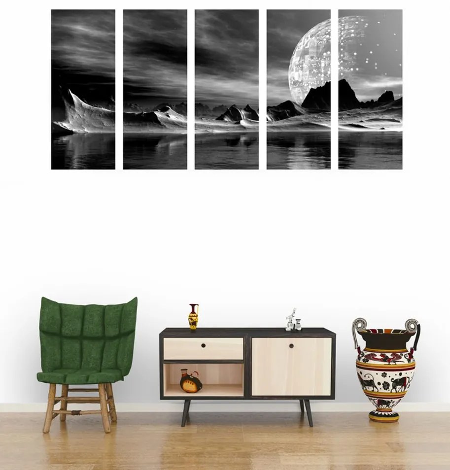Quadri 5 pezzi – Pianeta futuristico in bianco e nero