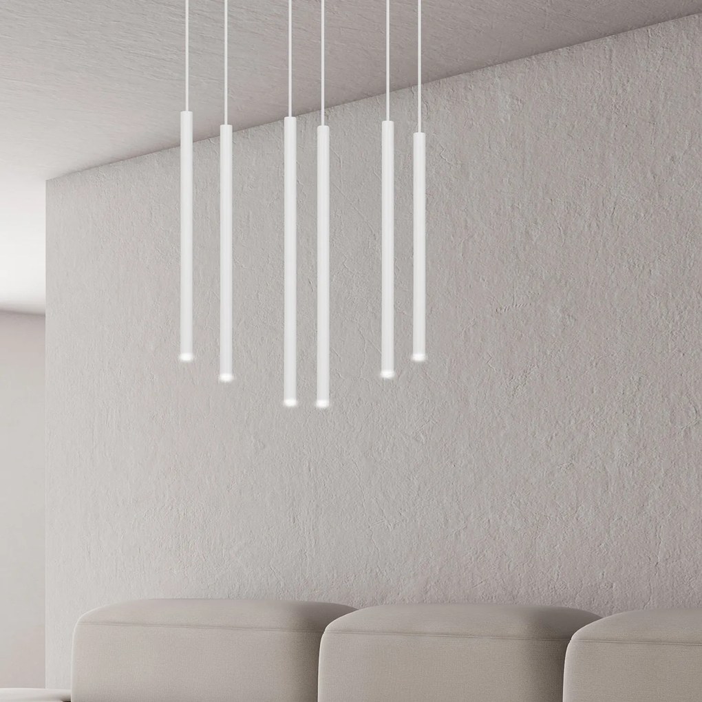 Lampadario 6 Luci Moderno Shu Acciaio Bianco E Paralumi A Cilindri Sottili