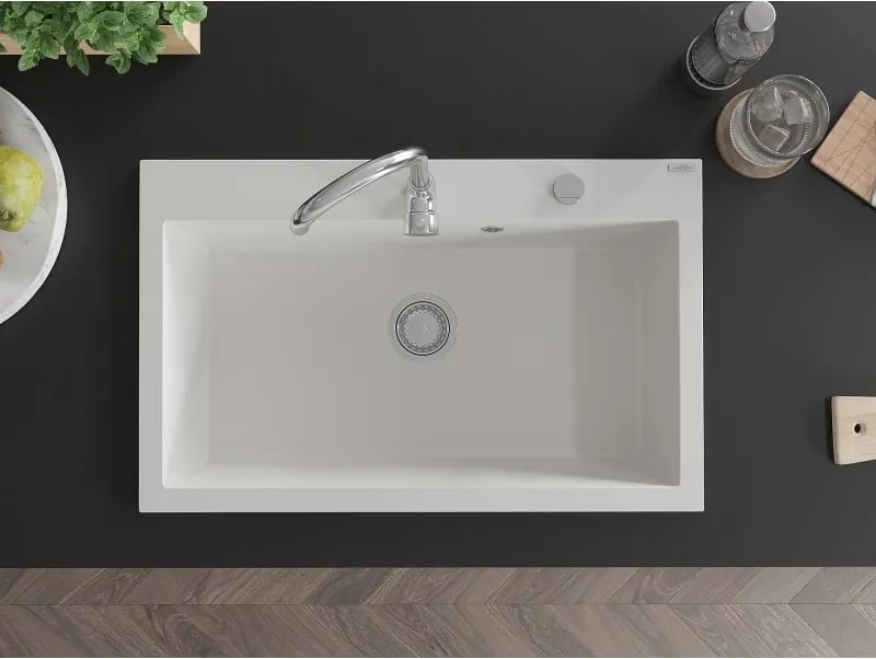 Mexen Elix lavello da cucina in granito 1 vasca 800 x 500 mm, bianco, sifone cromato - 6527801005-20