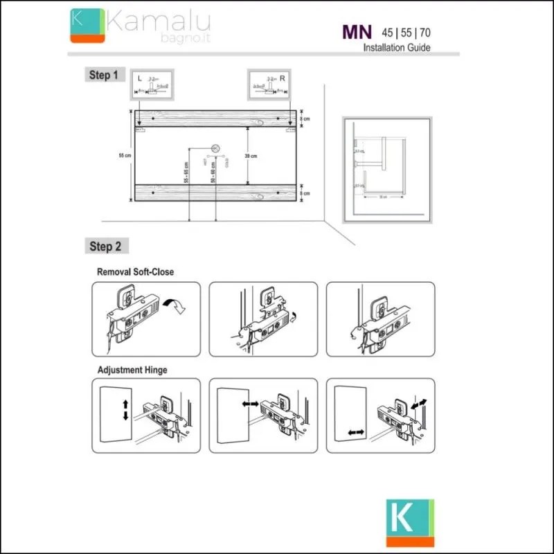 Kamalu - mobile bagno 70 cm sospeso lavabo incasso e due ante mn-70c