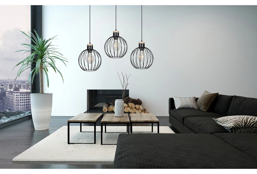 Lampadario 3 Luci Morgana Paralumi A Gabbia In Acciaio Nero E Legno Naturale