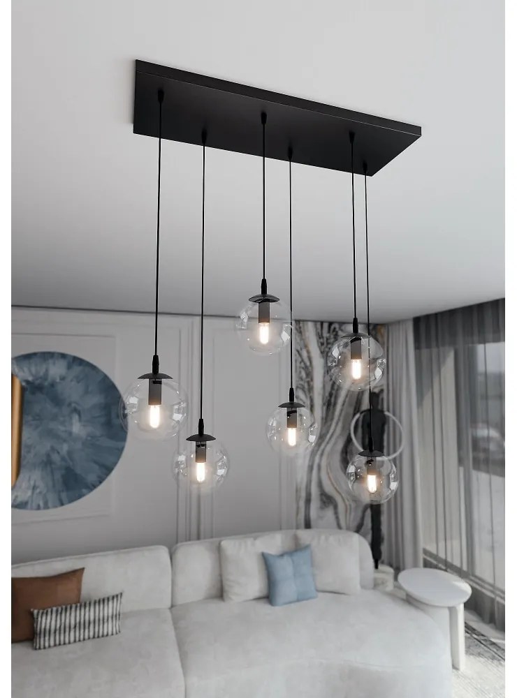 Lampadario a Sospensione in Acciaio e Vetro COSMO 6 Nero 6xE14 Colore delle Sfere Trasparente