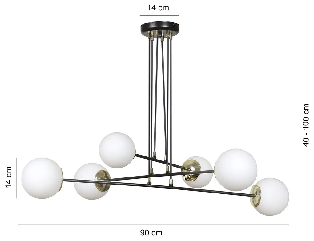 Lampadario Moderno 6 Luci Tsukuyomi In Acciaio Nero E Oro E Vetro A Sfera Opale