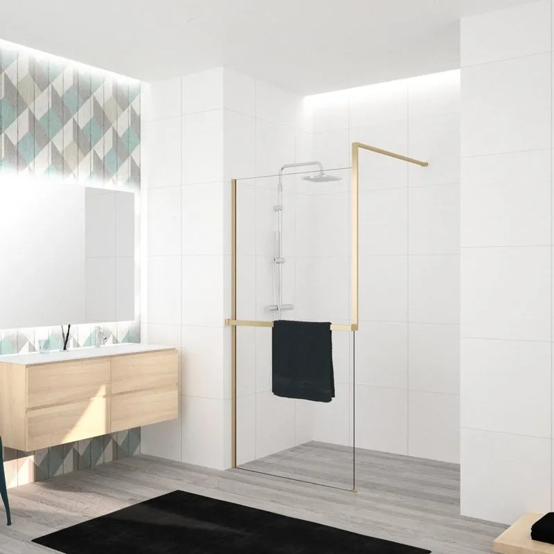 Box doccia walk-in Elidesign, vetro 8 mm, L max 140 cm x H 200 cm, profilo dorato