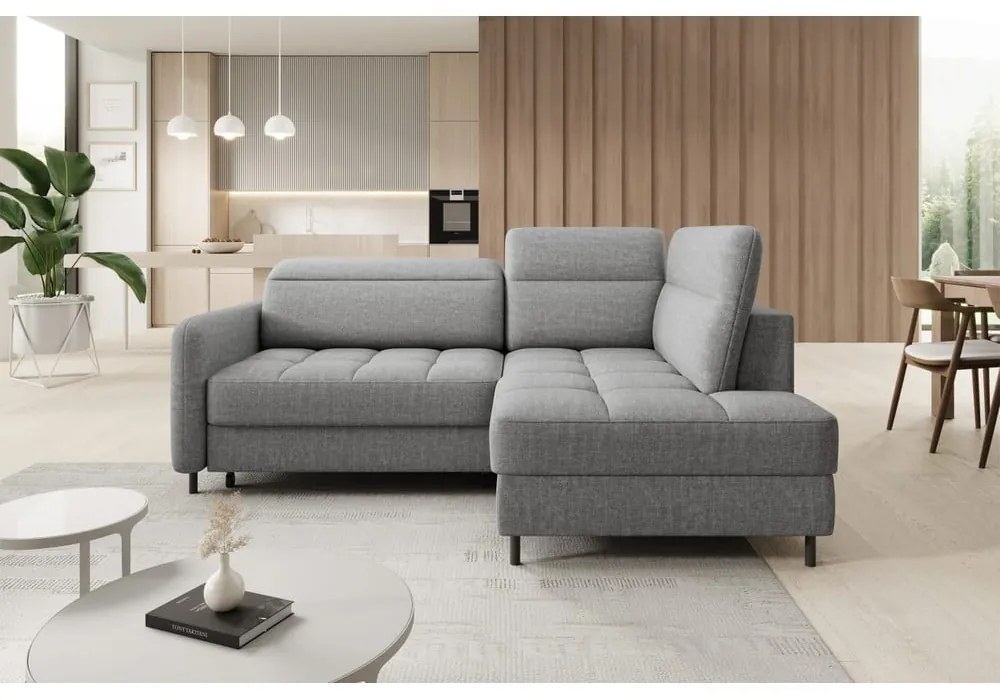 Divano angolare grigio allungabile/con contenitore (con penisola a destra/a L) e rivestimento in velluto Barea – ELTAP