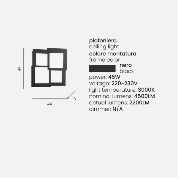 Plafoniera Led in metallo Nero e diffusore in acrilico PASSPARTOU 44x44 cm
