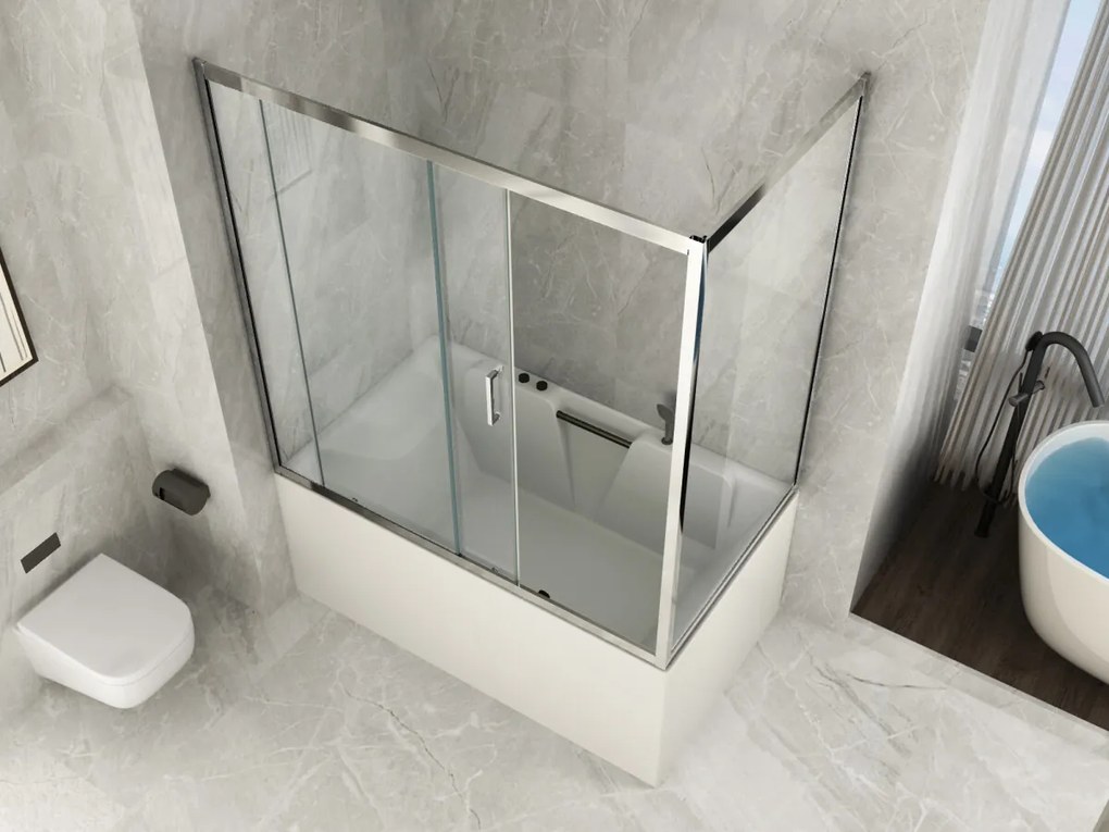 Box Doccia per vasca a 2lati in vetro trasparente da 6mm 1lato fisso e 1Porta scorrevole-reversibile 70x165 apertura centrale