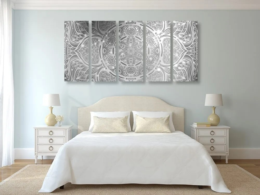 Quadri 5 pezzi – Mandala indiana con sfondo galattico in bianco e nero