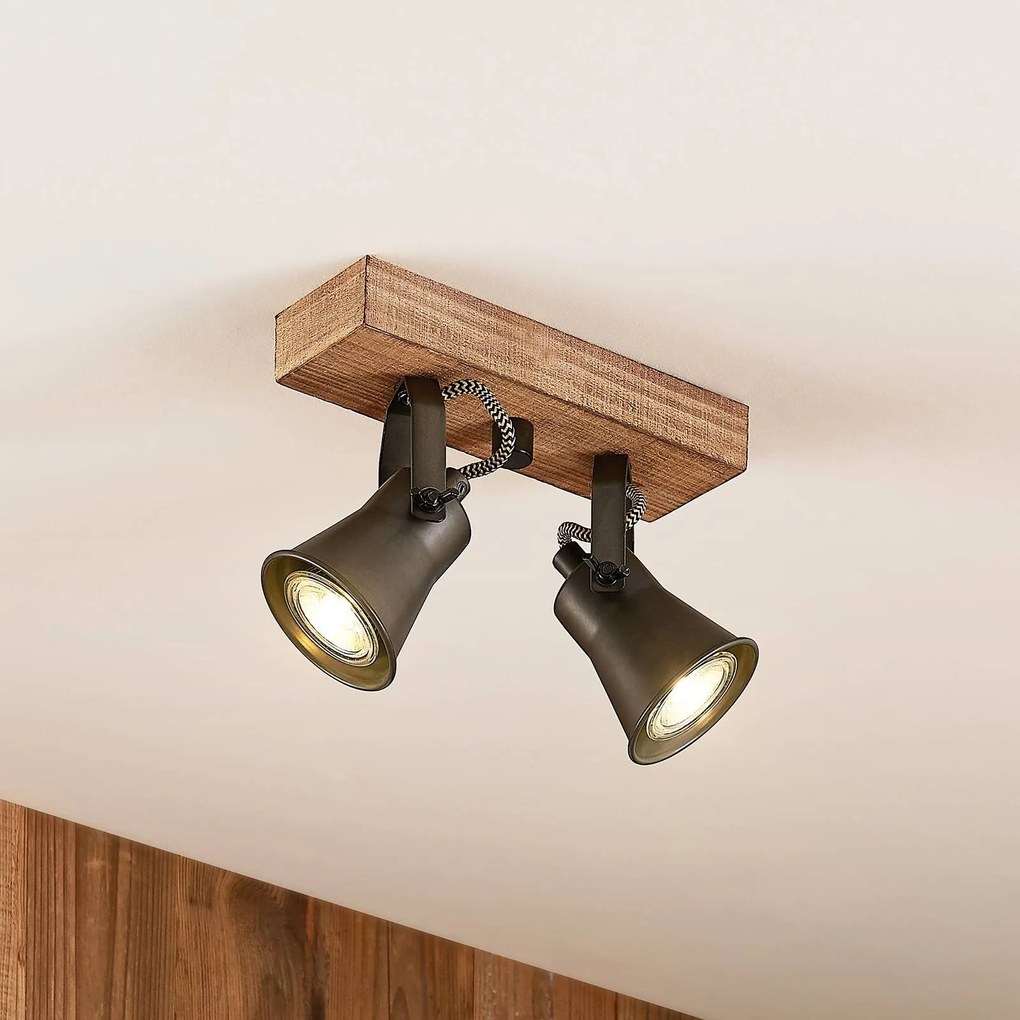 Lindby Grandesa faretto soffitto, 2 luci Lindby, dimmerabile, Legno scuro, Soggiorno / Sala da pranzo, Legno, Vintage, Faretto alogeno