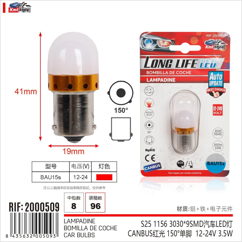 2 Pezzi Lampada Led BAU15S S25 PY21W 9 SMD 3030 12V 24V 300lm 3.5W Luce Rossa Piedi Storti H41mm 360 gradi