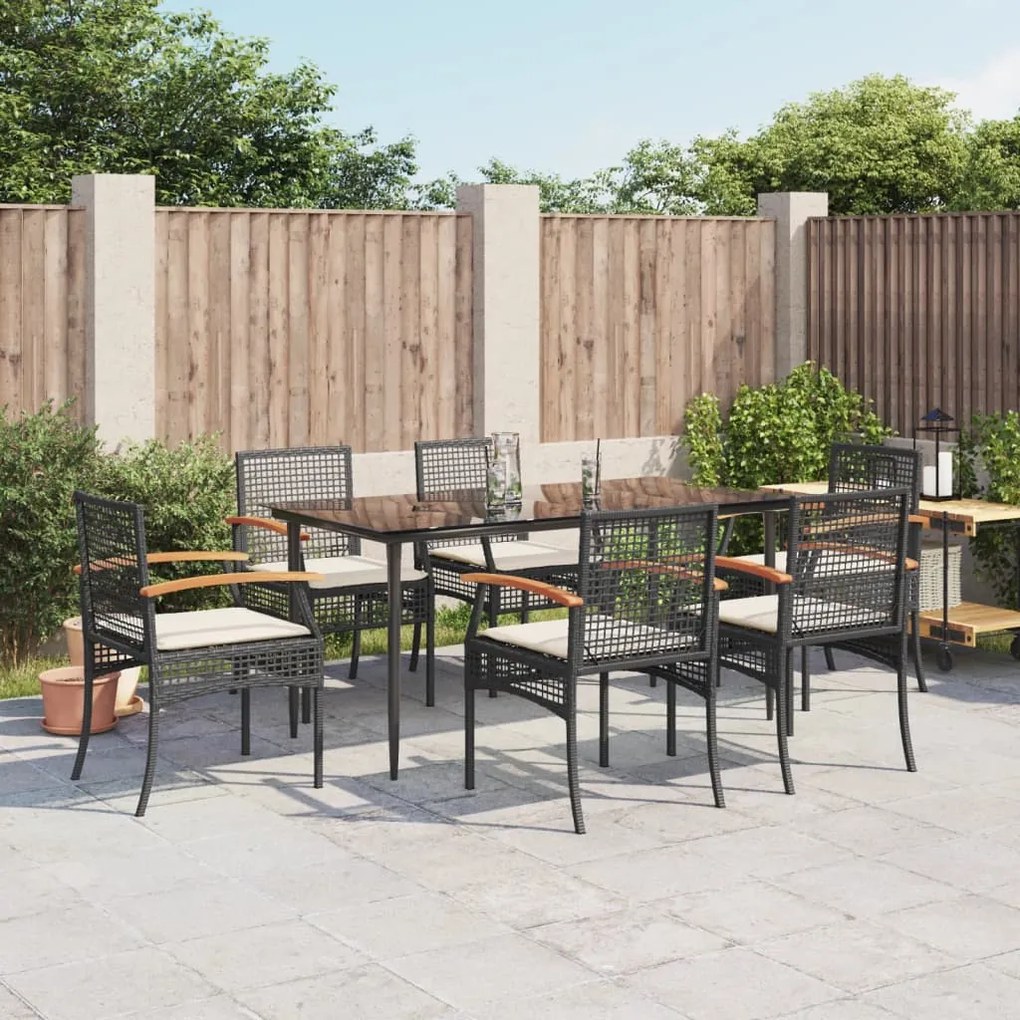 Set da pranzo da giardino 7 pz nero con cuscini in polyrattan