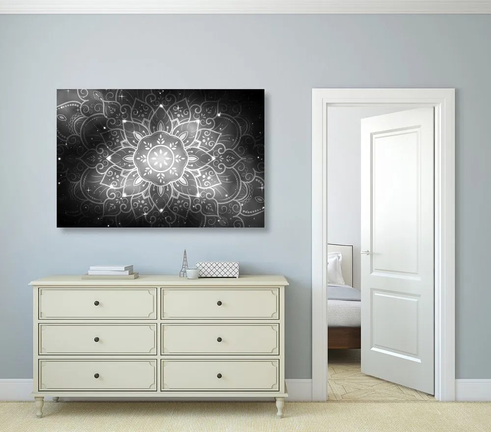 Stampa su tela – Mandala con sfondo galattico in bianco e nero