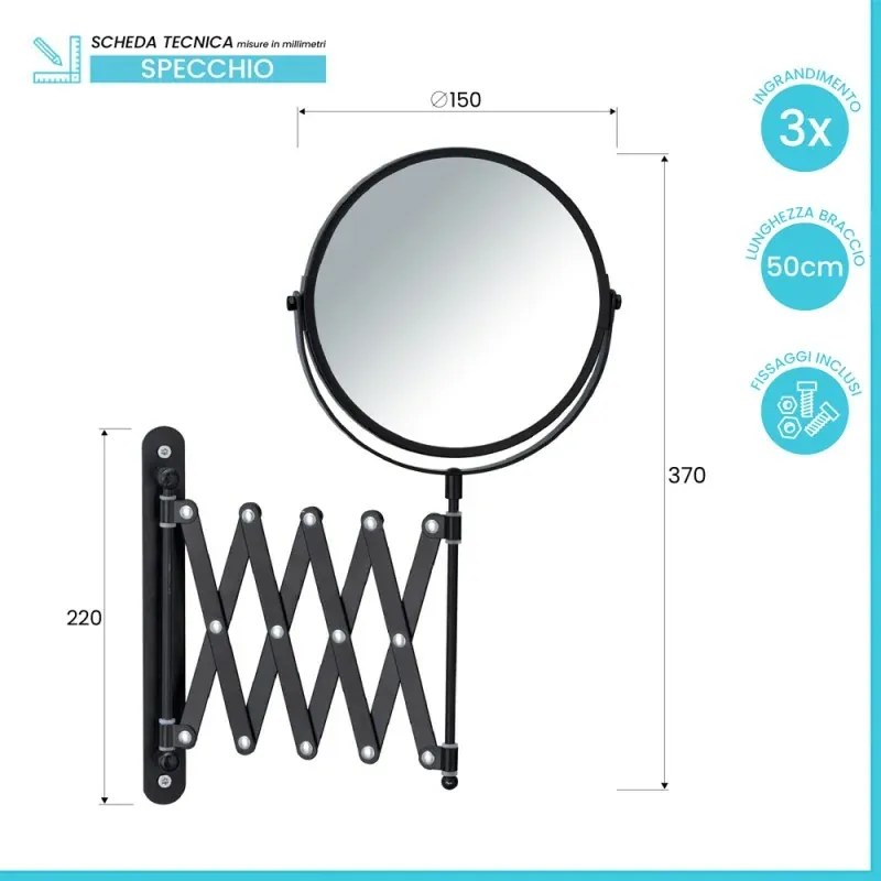 Specchio da trucco a parete in acciaio inox nero con braccio telescopico e ingranditore 3x