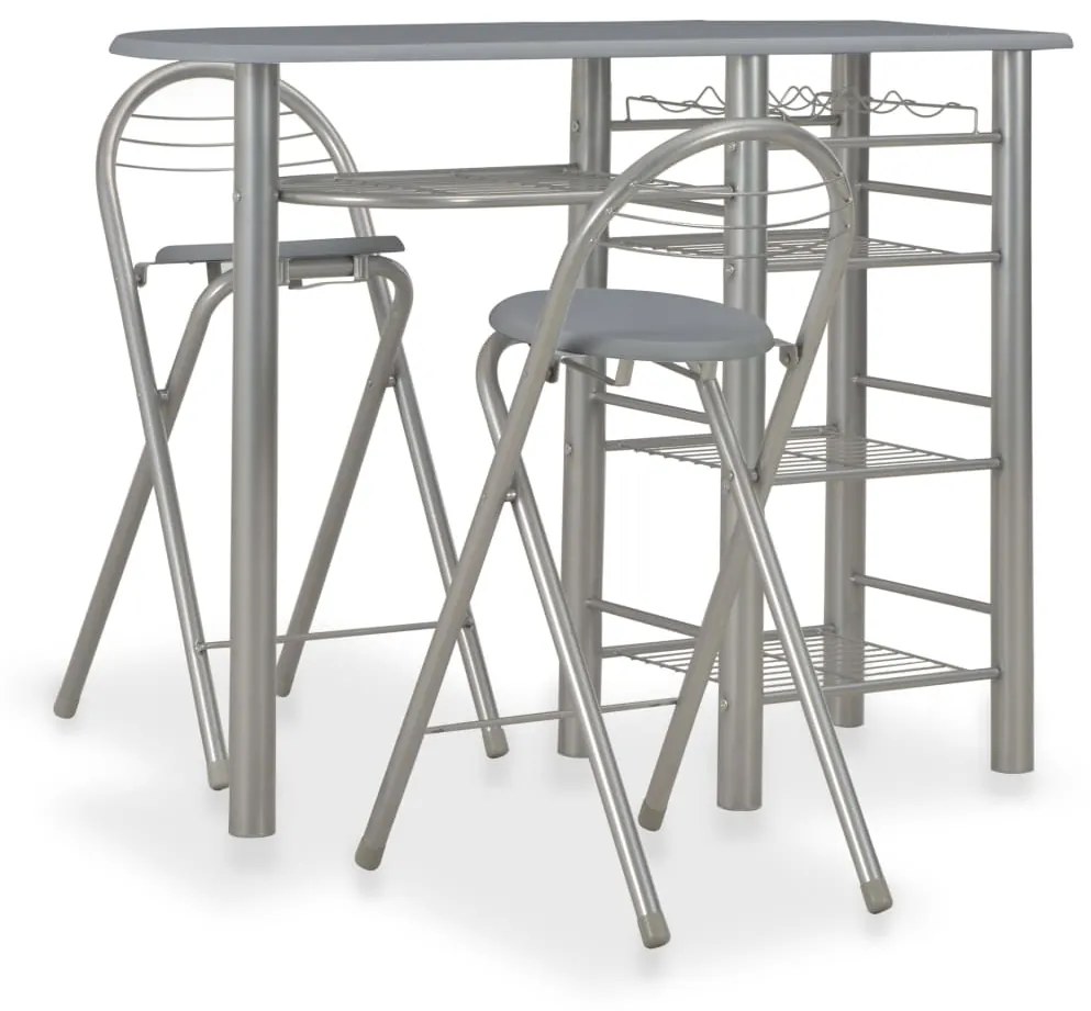 Set Da Bar 3 Pz Con Mensole İn Legno E Acciaio Grigio /