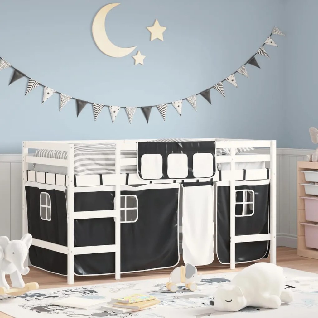 Letto A Soppalco Con Tende Bambini Bianco E Nero 80x200 Cm Pino /